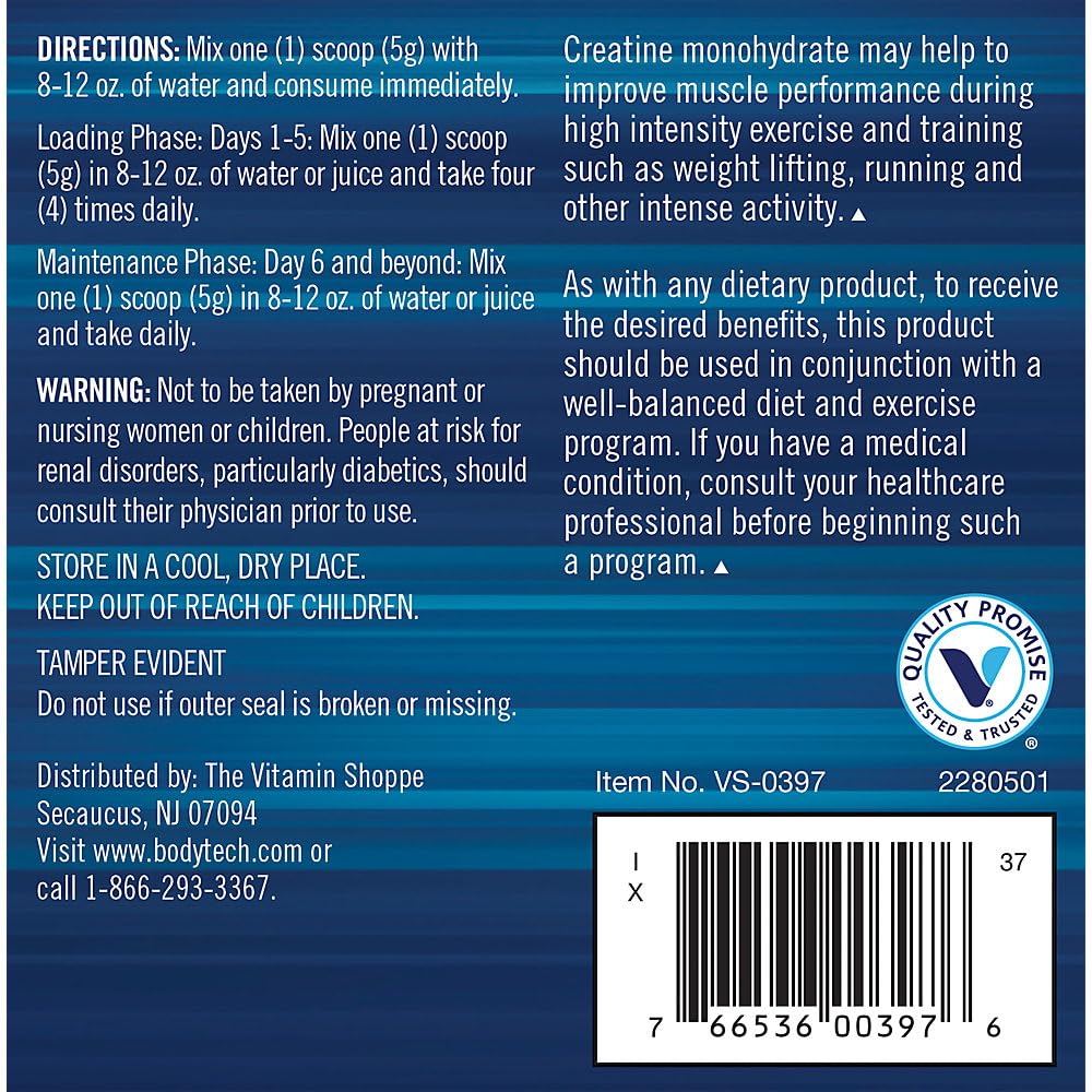 BODYTECH 100% Pure Creatine Monohydrate Powder - Micronized for Maximum Absorption - Supports Muscle Strength & Power Output - Unflavored (10.58 oz, 60 Servings)