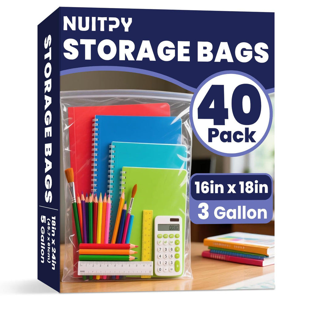 40 Pack Large 3 Gallon Storage Bags with Zipper Top, 16 x 18 inch Zipper Bags, Clear Plastic Bag for Storage, Reusable, Sealable Storage Bag for Clothes, Travel & Moving, Double-sided Thickness 4 Mil