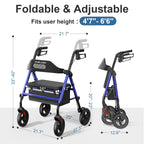 HOMLAND Foldable Rollator Walkers with Seat for Seniors, 8'' Big Wheels, 350 lb. Weight Capacity, Adjustable Handles and Seat Height, Lightweight Rolling Walker, Blue