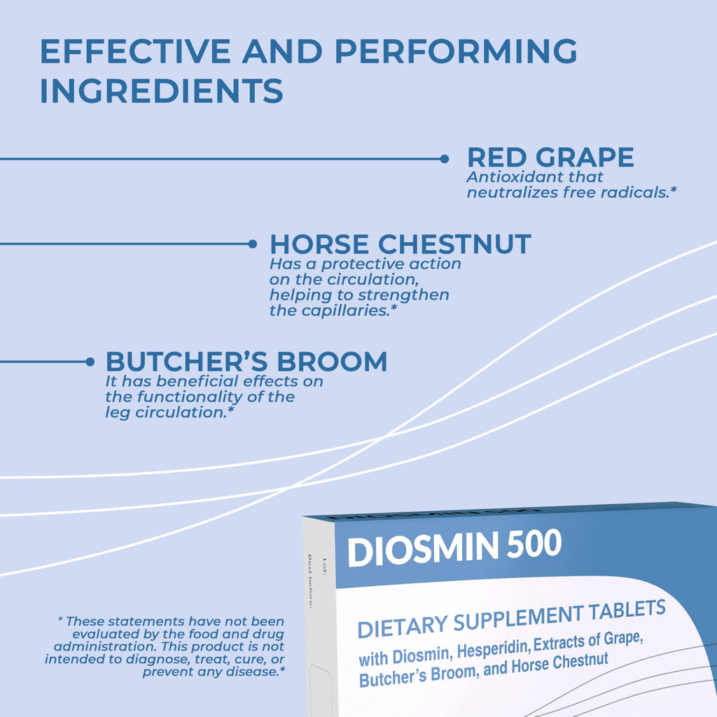 Dulac Diosmin 500, Micronized Diosmin Hesperidin Dietary Supplement 1000mg per serving, Horse Chestnut Extract, Butcher’s Broom & Red Grape Extract, Leg Circulation Support, 80 Tablets, Made in Italy