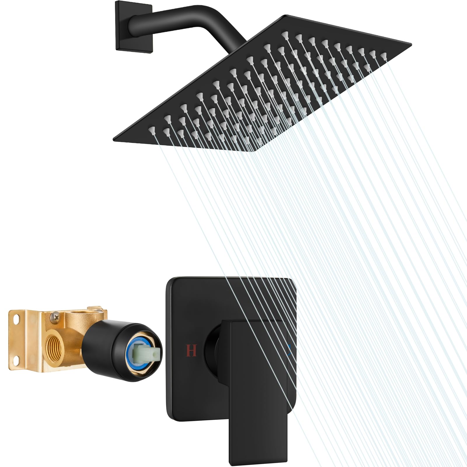 Heyalan Shower Faucet Set with Valve, Bathroom Rainfall Shower System, Wall Mount Single Handle Shower Trim Kit, Rainfall Fixed Shower Head, 8 Inch Square Shower Head, Matte Black