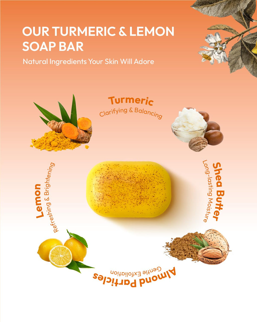 KlearBloom Lemon Turmeric Kojic Acid Soap – Exfoliating Soap with Almond Particles for Dark Spots, Vitamin C and Extra Shea Butter, Gentle Brightening & Moisturizing for Face and Body – 105g x4 Bars