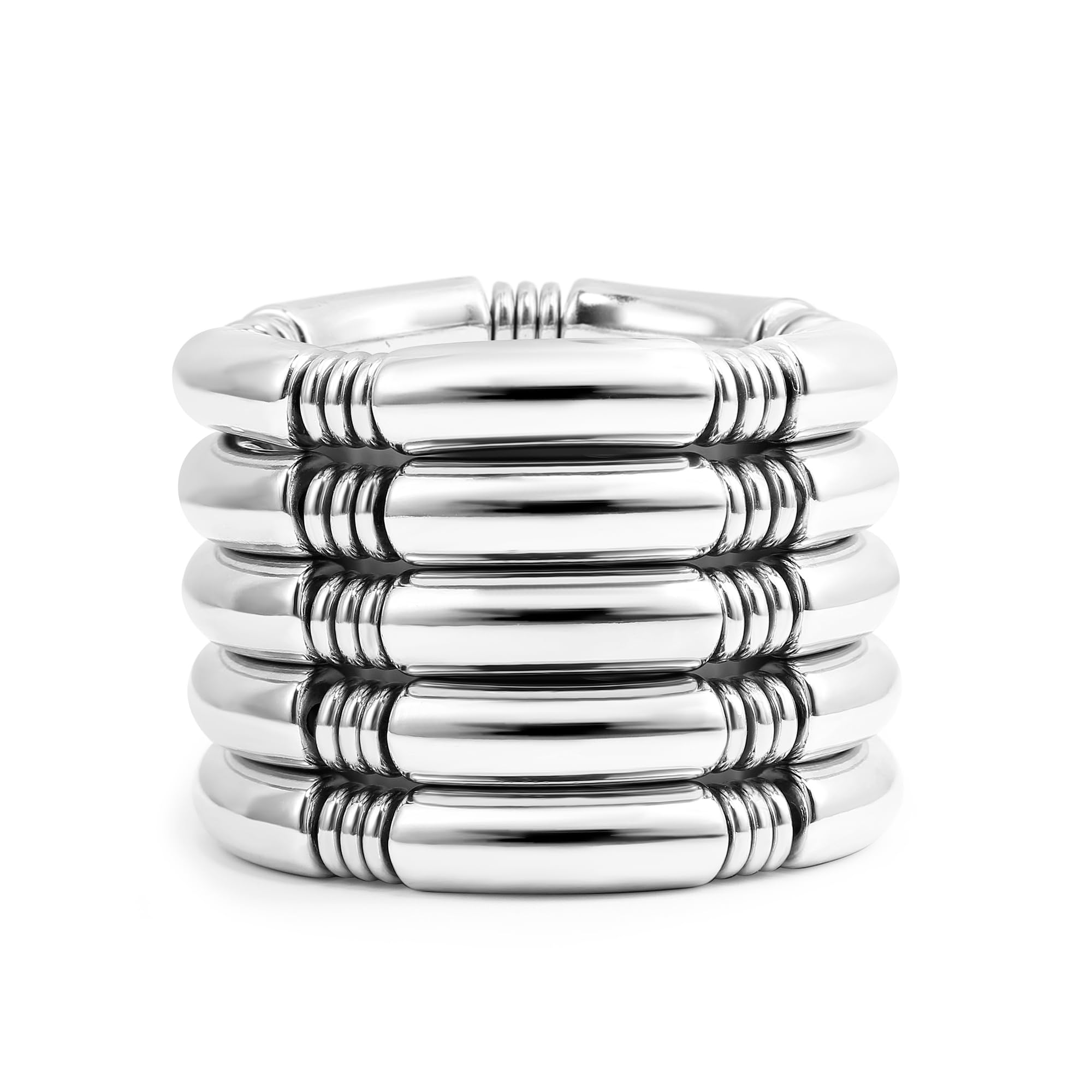 Badu 5pcs Silver Chunky Bangles Bracelets For Women Stack Layered Curved Bamboo Tube Stretch Bracelets Gift Jewelry