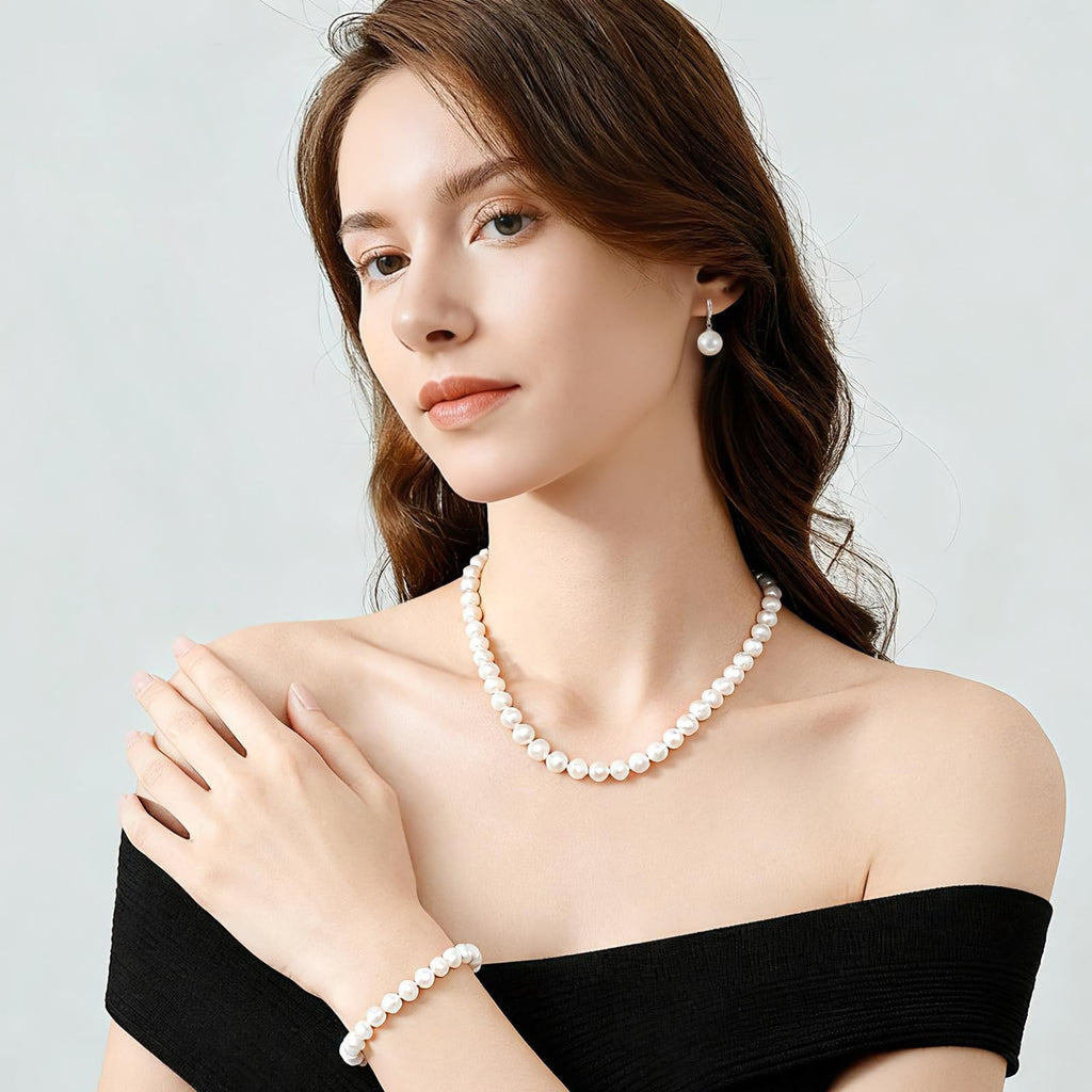 Pearl Necklace Set, featuring an exquisite bracelet, stud earrings, and necklace. This pearl necklace, bracelet, and ring ensemble radiates elegant charm, effortlessly elevating the sophistication of everyday attire. Perfect for weddings, banquets, or bir