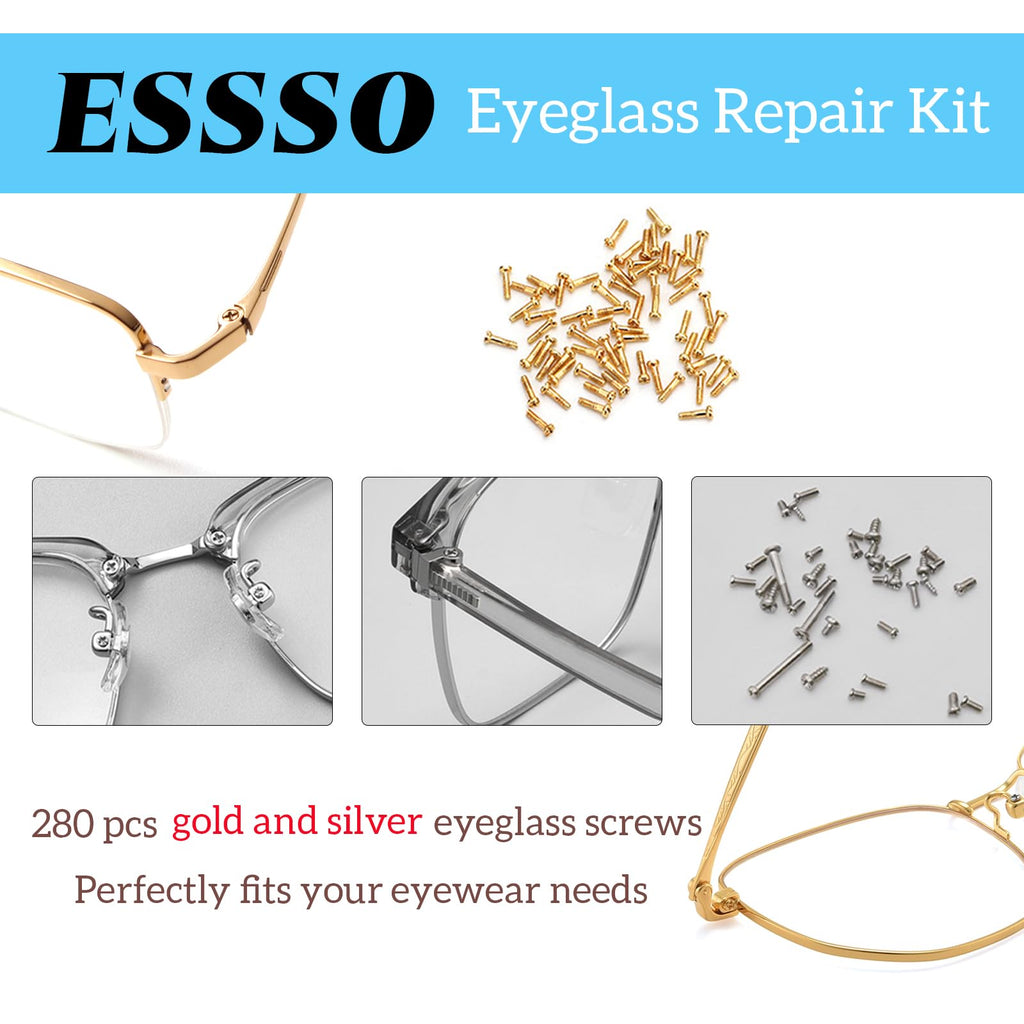 ESSSO Eye Glass Repairing Kit,Upgraded Eyeglass Repair Kit with Screws(Gold and Silver)，5-in-1 Eyeglass Screwdriver,Eyeglass Nose Pads,Eyeglass Ear Grips,Tweezer for Sunglasses,Eyeglass,Watch Repair