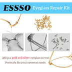 ESSSO Eye Glass Repairing Kit,Upgraded Eyeglass Repair Kit with Screws(Gold and Silver)，5-in-1 Eyeglass Screwdriver,Eyeglass Nose Pads,Eyeglass Ear Grips,Tweezer for Sunglasses,Eyeglass,Watch Repair