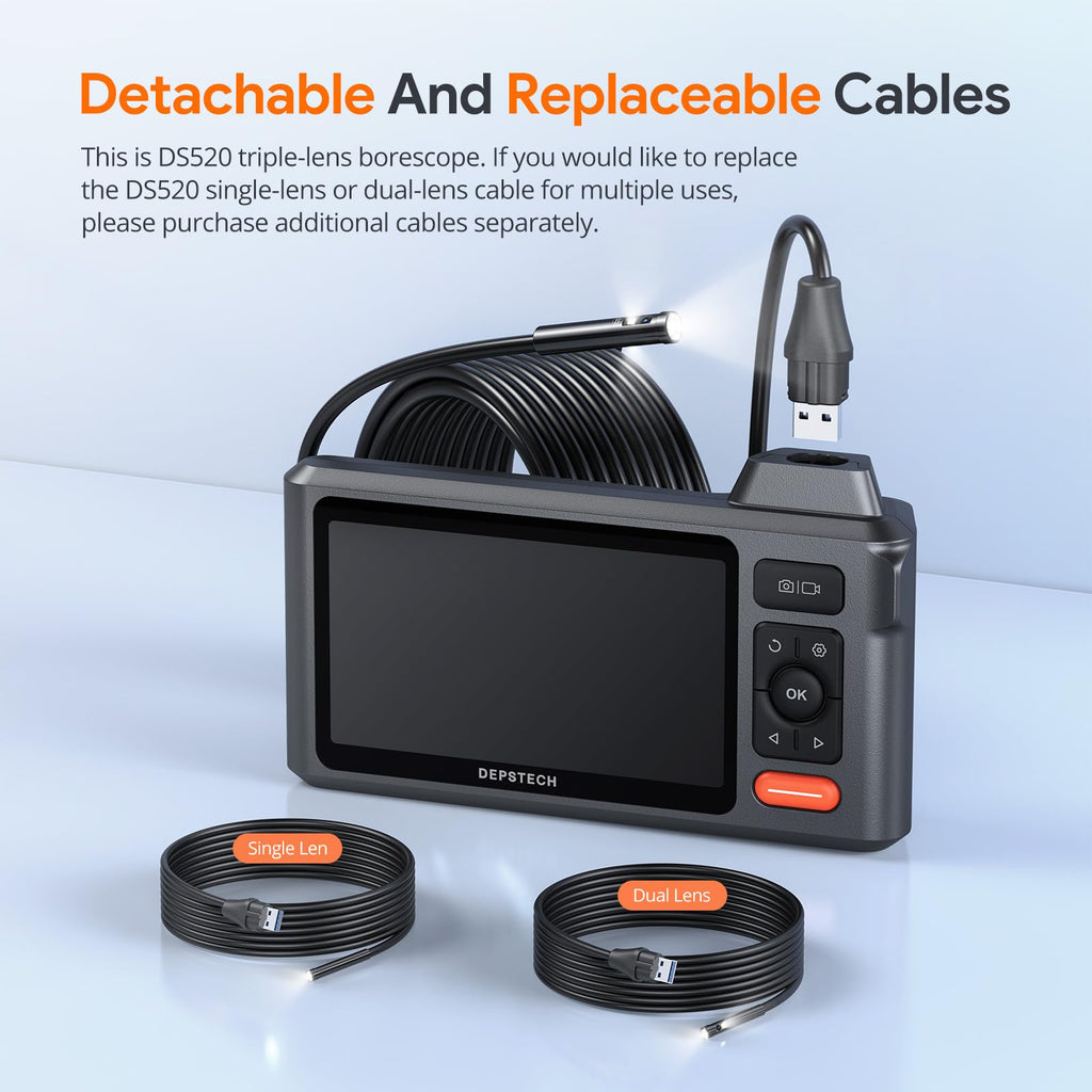 Triple Lens Endoscope Camera with Light, DEPSTECH 5" IPS Screen Endoscope Camera, 1080P Sewer Camera & Split Screen, 180° Rotation, IP67 Snake Cable, 8 Lights, Gadget for Automotive Mechanical Repair