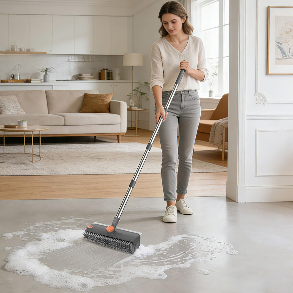 SetSail Floor Scrub Brush, 3 in 1 Floor Scrub Brush with 54-in Adjustable Long Handle and Scraper Heavy Duty Stiff Bristle Floor Scrubber for Cleaning Shower Bathroom Kitchen Patio Garage, Grey&Orange