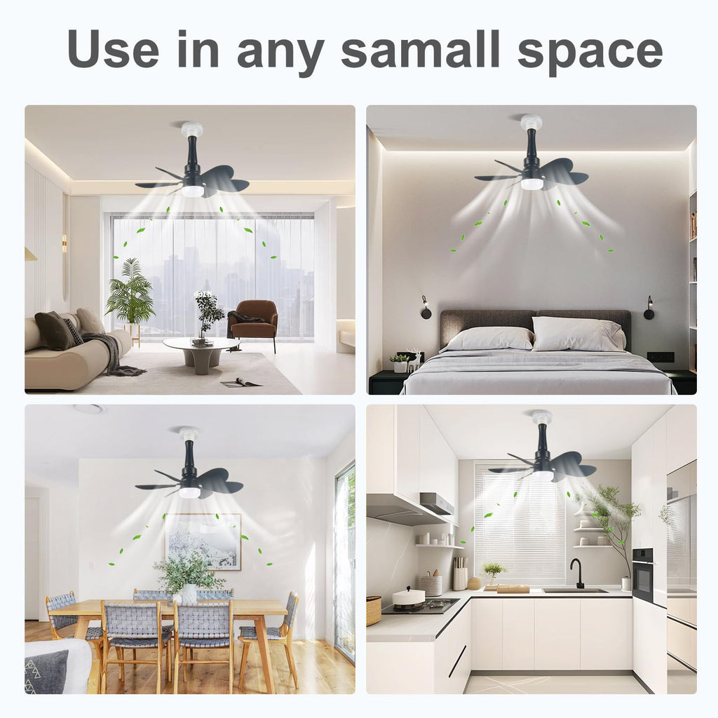 We Charger Socket Fan Light, Light Bulbfan with Remote Dimmable, 20.5IN for Garage Kitchen Balcony Living Tools Store Laundry Room (Black)