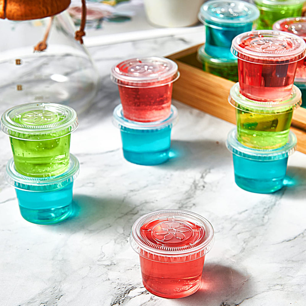 Lilymicky 400 Sets 1 oz Disposable Plastic Portion Cups with Lids, Small Plastic Condiment Containers for Sauce, 1 oz Jelly Shot Cups