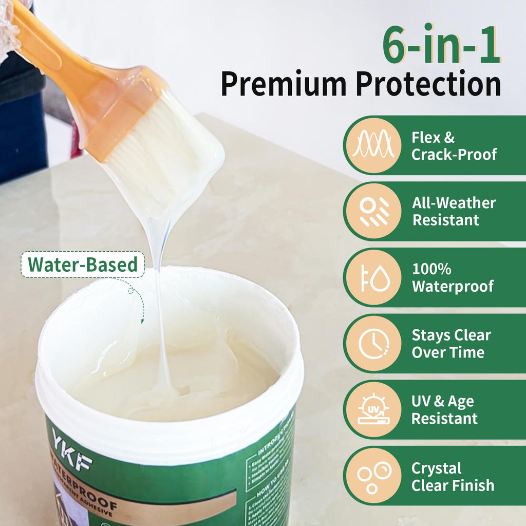 YKF Transparent Waterproof Sealant 12 Oz, Clear Water-Based Leak Repair Coating for Roof, Wall, Bathroom, Shower, Kitchen, Concrete, Wood, Metal, Indoor & Outdoor