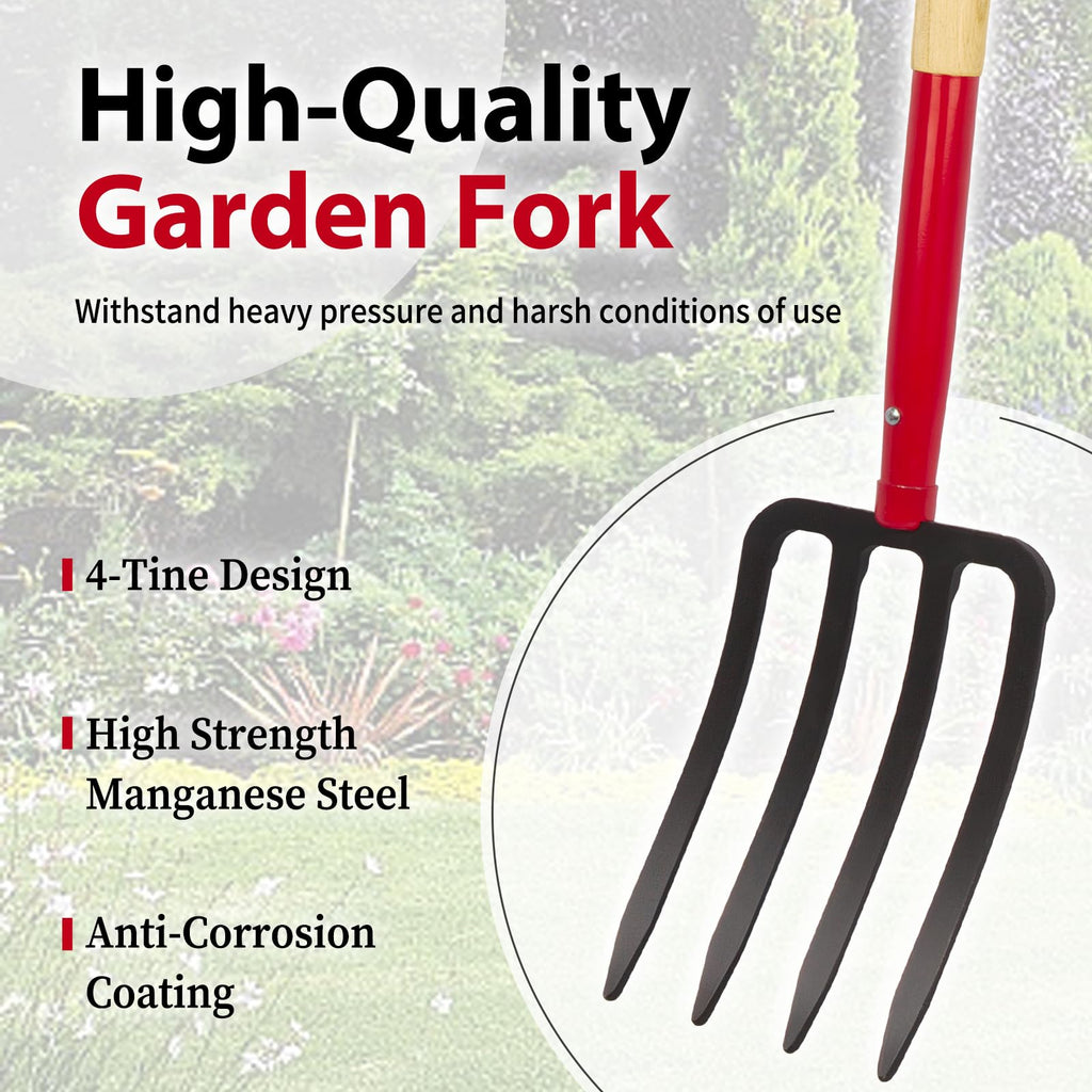 Dikuyeel Heavy Duty Garden Fork for Digging, 4 Tines Pitch Fork for Gardening Compost, Garden Pitch Fork with Wooden Handle, 45 Inches