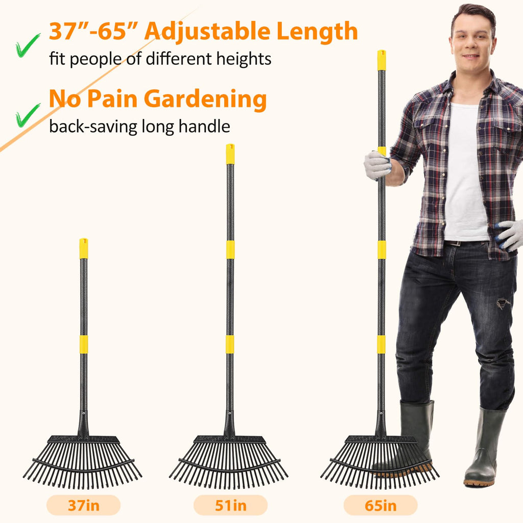 Rake, Garden Rake for Leaves, Heavy Duty Metal Leaf Rakes with 37-65 inch Adjustable Steel Handle, 25 Tines 18" Wide Rake Garden Tools for Lawns Yard Flower Bed Grass Mulch Shrub Camping Gardening