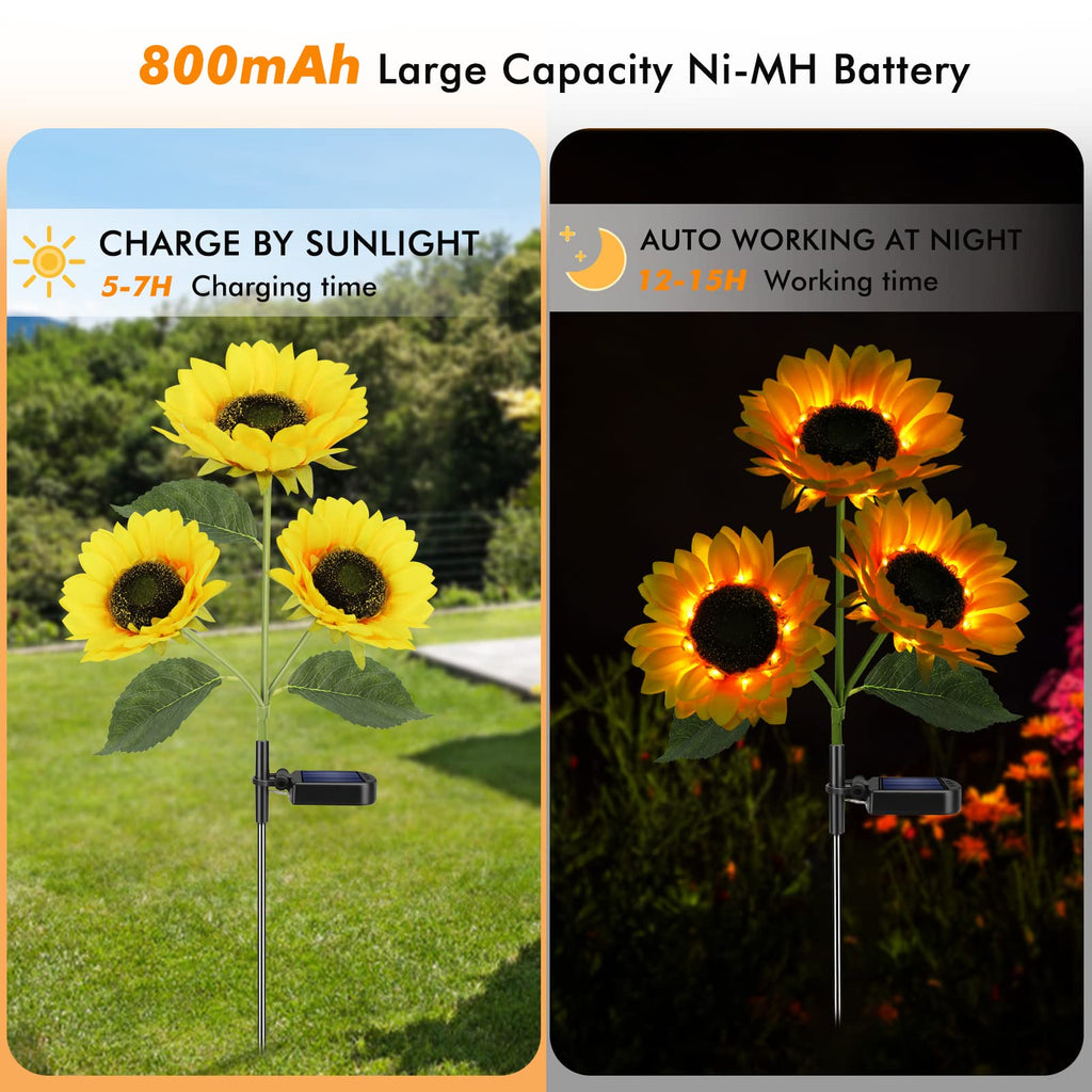 Meagoo Solar Sunflower Lights, 800mA Solar Garden Light with Real Looking Flowers Outdoor Waterproof Solar Stake Lights for Back Yard, Flower Bed, Pathway, Patio, Porch, Fall Decoration (4 Pack)