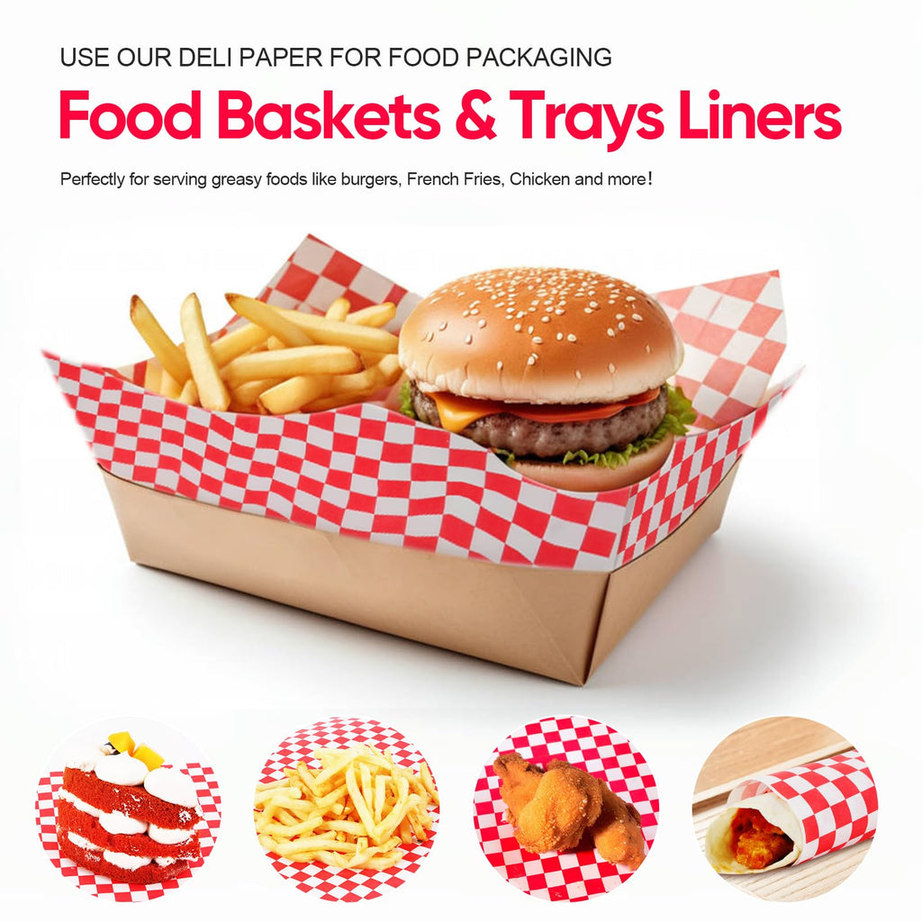 100PCS Sandwich Wrapping Paper, Grease Resistant Wax Paper Sheets for Food, Extra Strong Food Basket Liners, Classic Red & White Checkered Deli Sheets 12x12" for BBQ, Picnic, Festival - Vacnkoy