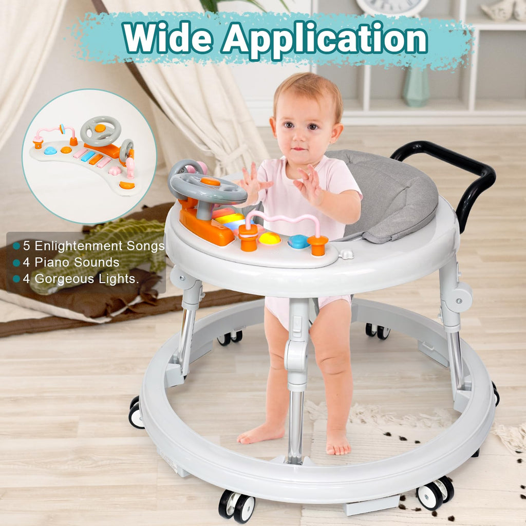 HolyBase Music and Lights Baby Walker Foldable with 9 Adjustable Heights, Baby Walker with Wheels Portable, Infant Toddler Walker for Baby Boy Girls 6-18 Months