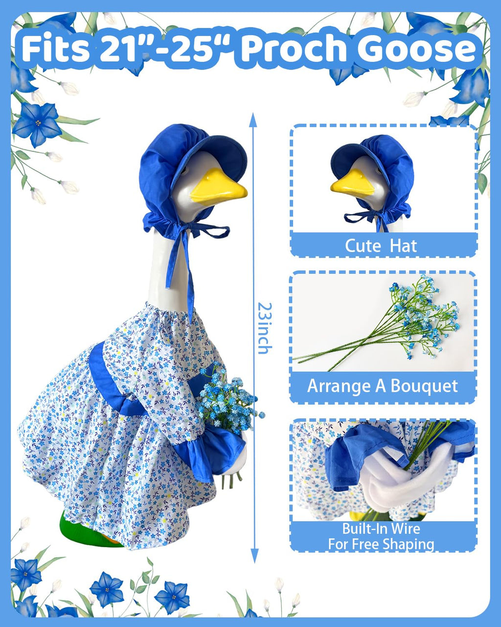 Fall Summer Porch Goose Outfits, Floral Dress & Hat Fits 23" Statue