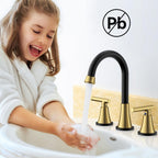 Bathroom Faucets for Sink 3 Hole, Hurran Black& Gold Bathroom Sink Faucet with Pop-up Drain and Supply Lines, Stainless Steel Lead-Free Widespread Faucet for Vanity RV, 2 Pack