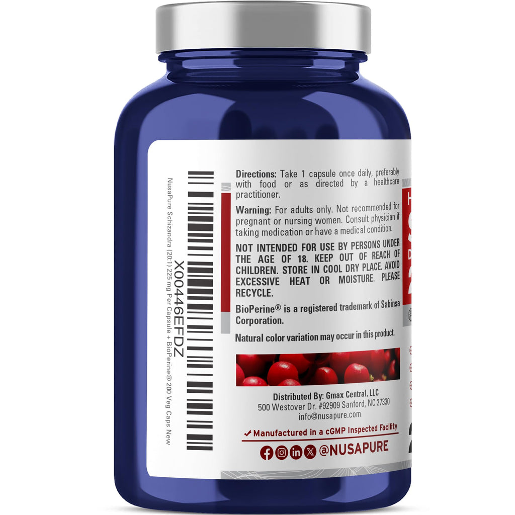 NusaPure Schizandra Berries Capsules, 225 mg, 200 Veg Capsules (Non-GMO, Vegan)
