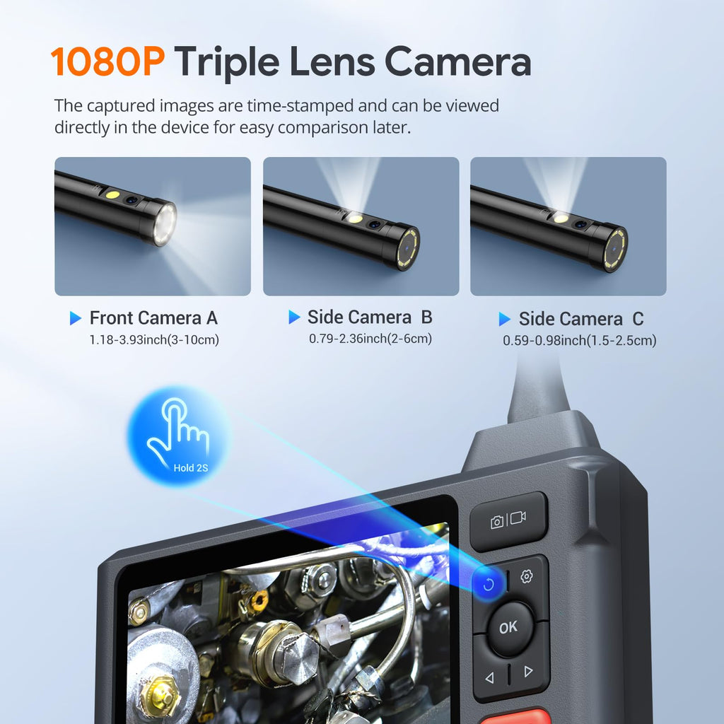 Triple Lens Endoscope Camera with Light, DEPSTECH 5" IPS Screen Endoscope Camera, 1080P Sewer Camera & Split Screen, 180° Rotation, IP67 Snake Cable, 8 Lights, Gadget for Automotive Mechanical Repair