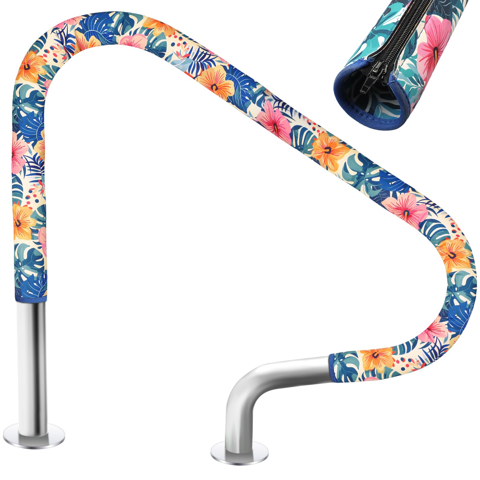 Junkin Pool Handrail Cover 8 ft Swimming Pool Ladder Hand Rail Cover with Zippers Slip Resistant Railing Hibiscus Flowers Rail Grip for Inground Pools Swimming Hand Railing