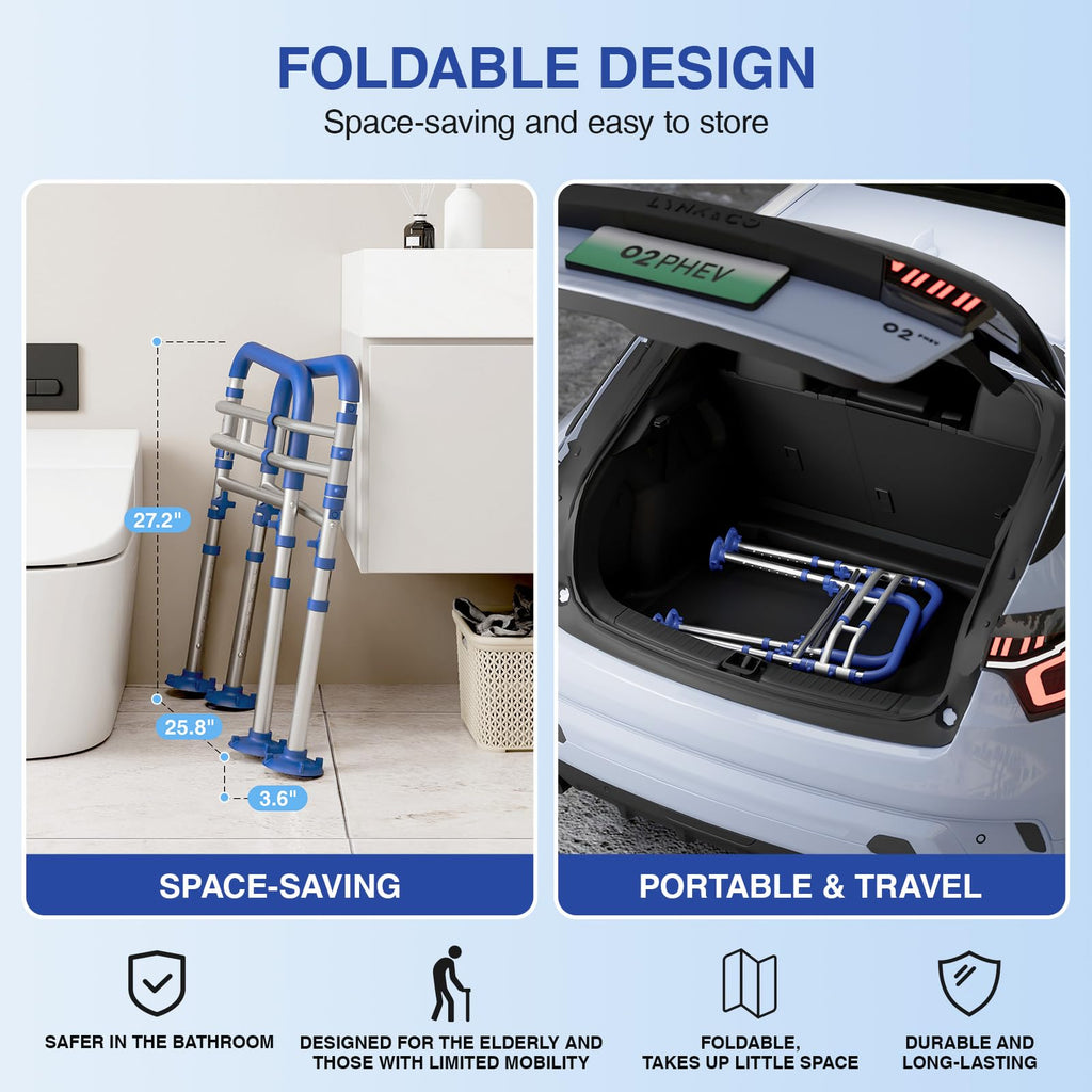 Loyoda Foldable Toilet Safety Rails for Seniors - Adjustable Toilet Safety Frame & Toilet Handles for Elderly & Disabled, Fits Most Toilets, 350lb Capacity, Blue