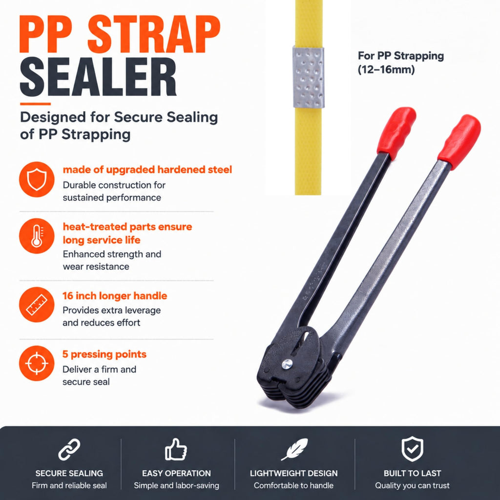 LNYEBN All-in-One Banding Strapping Kit with Poly Strapping Tensioner, 300ft Black PP Band, 100 Metal Seals, and Sealer Tools