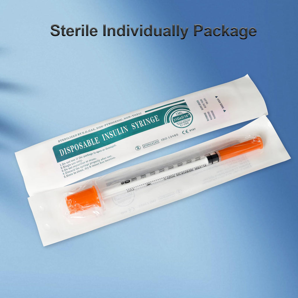 30 Pack U-100 1ml 31G 5/16 Inch (8mm) Syringes with Needle