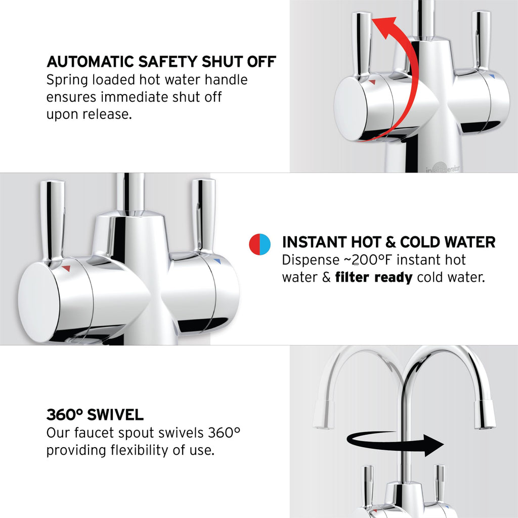 InSinkErator HOT250 Instant Hot and Cold Water Dispenser System, 2-Handle Drinking Water Faucet in Chrome with 2/3-Gallon, Filter-Compatible, Stainless Steel Tank, HC250C-SS