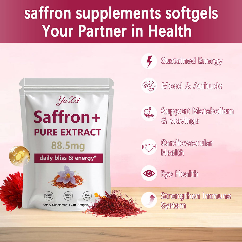 Yalei Saffron Extract Supplements 88.5mg,240 Softgels, 4 Month Supply- Boost Energy & Mood, Support Eye & Heart Health- Vegan, Gluten Free