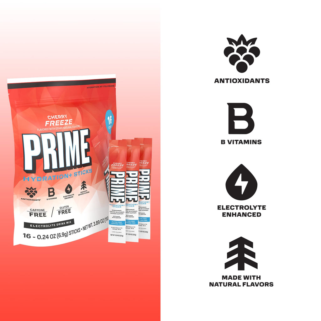 PRIME HYDRATION+ Electrolyte Powder Sticks, Strawberry Banana, Sugar Free Hydration Drink Mix with Potassium, Magnesium & B Vitamins to Replenish Fluids, Caffeine Free, 16 Count