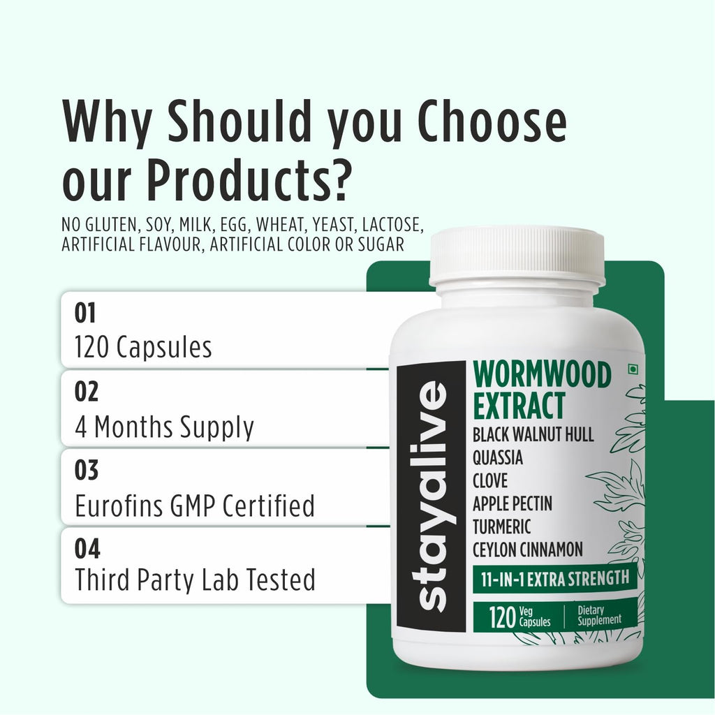 STAY ALIVE Wormwood Black Walnut Clove Cleanse Extract, 11-in-1 Extra Strength Complex, 120 Pills, Herbal Supplement for Adults, Vegan, Non-GMO & Gluten Free Sweet Wormwood Capsules
