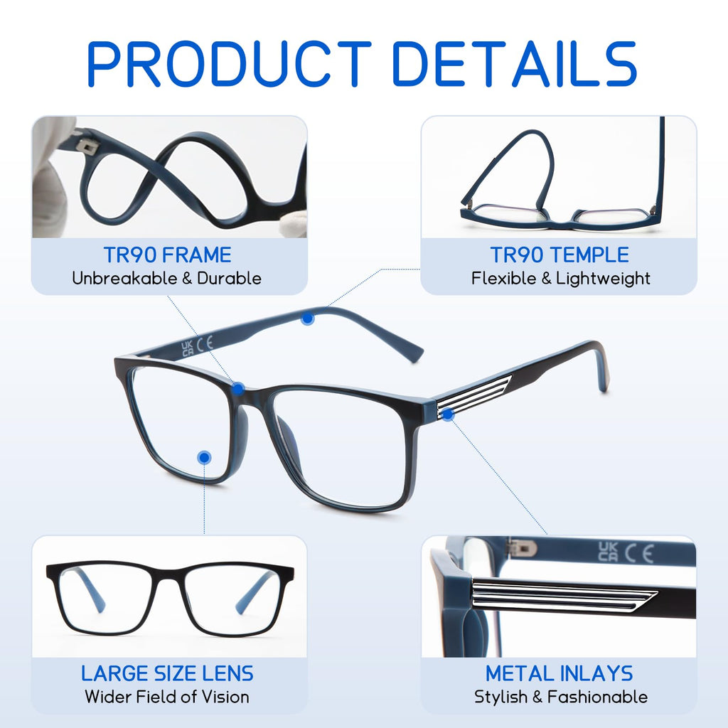 DEHOTRE 2 Pack Progressive Multifocus Reading Glasses Men Unbreakable TR90 Frame Temple Large Size Readers with Metal Inlays Multifocal Lens Blue Light Blocking Black & Blue 1.75