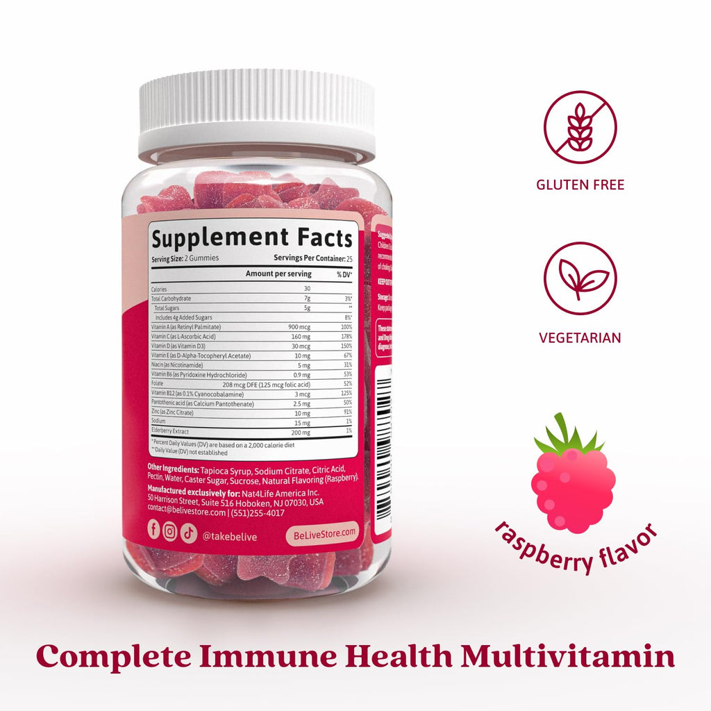 BeLive Elderberry Gummies with Vitamin C, D3 and Zinc - Multivitamin Supplement for Immune Health Support for Kids & Adults - 50 Count - Raspberry Flavor