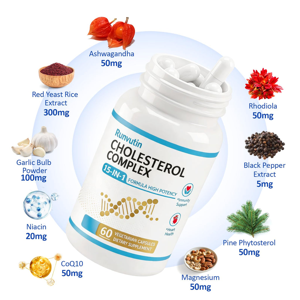 Runvutin Cholesterol lowering Supplements with & Ashwagandha Red Yeast Rice - Supports Normal Cholesterol Levels, Dose for Cholesterol Management, 60 Capsules for Adults