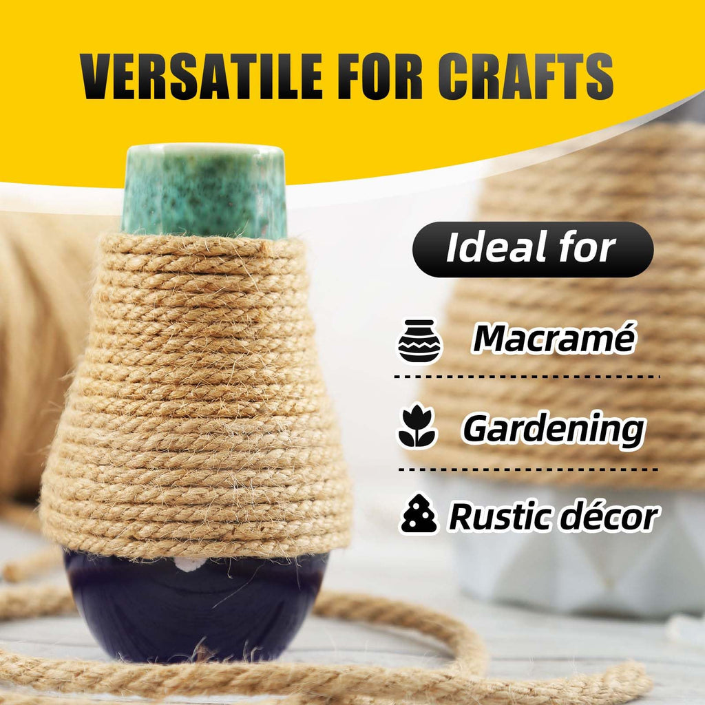 Radix Rope Natural Jute Twine, 8MM x 100FT Jute Rope Roll, Heavy Duty Thick Twine for Cat Scratching Post, Bundling, Gardening and DIY Crafts