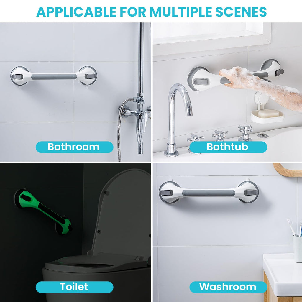 TAILI Shower Grab Bar Glow in The Dark, 2 Pack 16.8 in Grab Bars for Bathtubs and Showers,Shower Handles Shower Rails for Seniors and Elderly,Bathroom Safety Grip Removable No Drilling Waterproof Grey