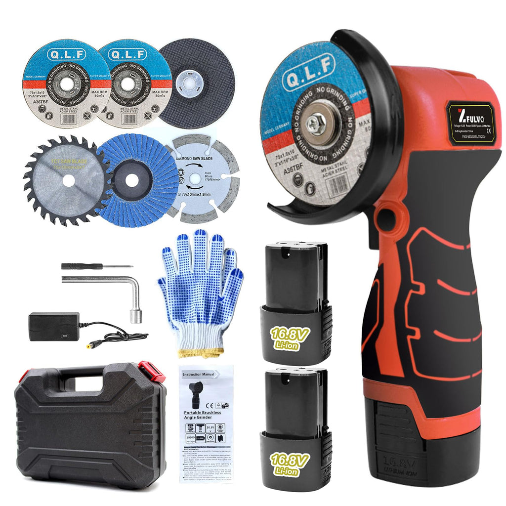 ZFULVO Cordless Brush Angle Grinder Kit, 19500rpm Mini Electric Angle Grinding Tool with 2pcs 16.8V 2000mAh Batteries and 6-Cutting Discs, Grinder Handheld Cutter for Metal Wood