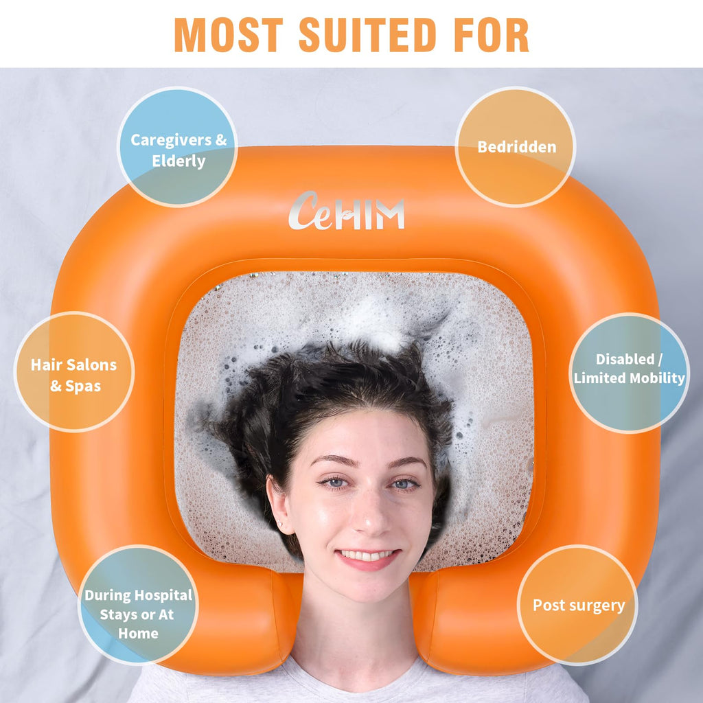 Cehim Inflatable Shampoo Basin - Portable Shampoo Bowl, Hair Washing Basin for Bedridden, Disabled,Injured, Hair Wash Tub for Dreadlocks and at Home Sink Washing (Orange, 15in Inner)