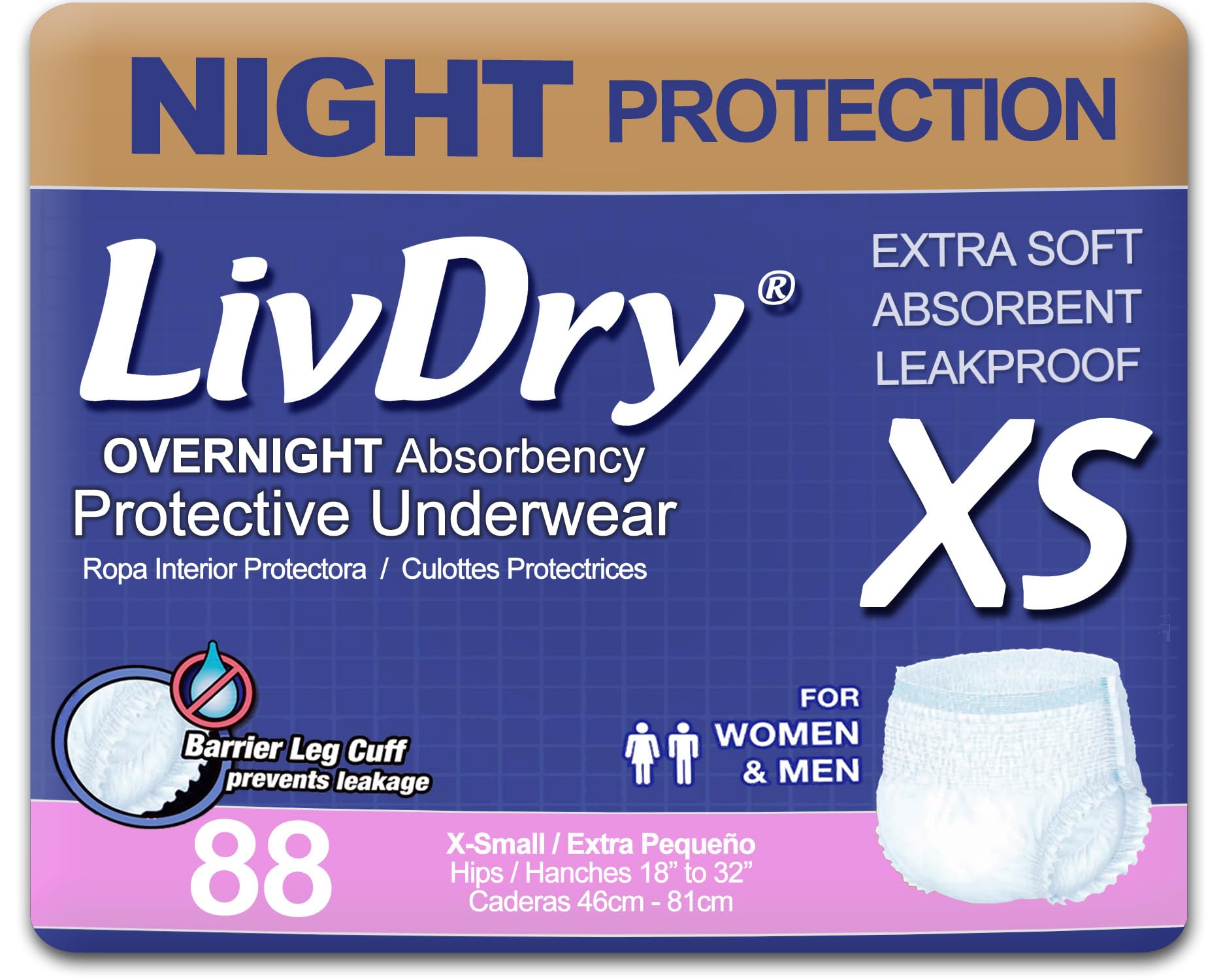 LivDry Adult Incontinence Underwear, Overnight Comfort Absorbency, Leak Protection, X-Small (88 Count)