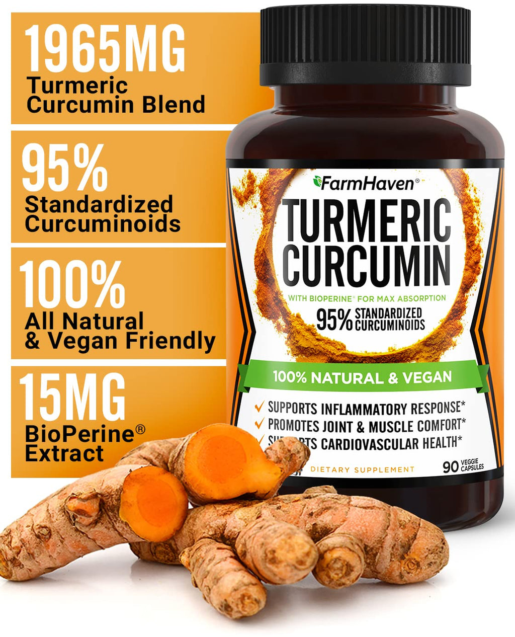 Turmeric Curcumin with BioPerine Black Pepper & 95% Curcuminoids, 1965mg, Maximum Absorption for Joint Support, Non-GMO Turmeric Capsules, Made in USA - 90 Veg Caps