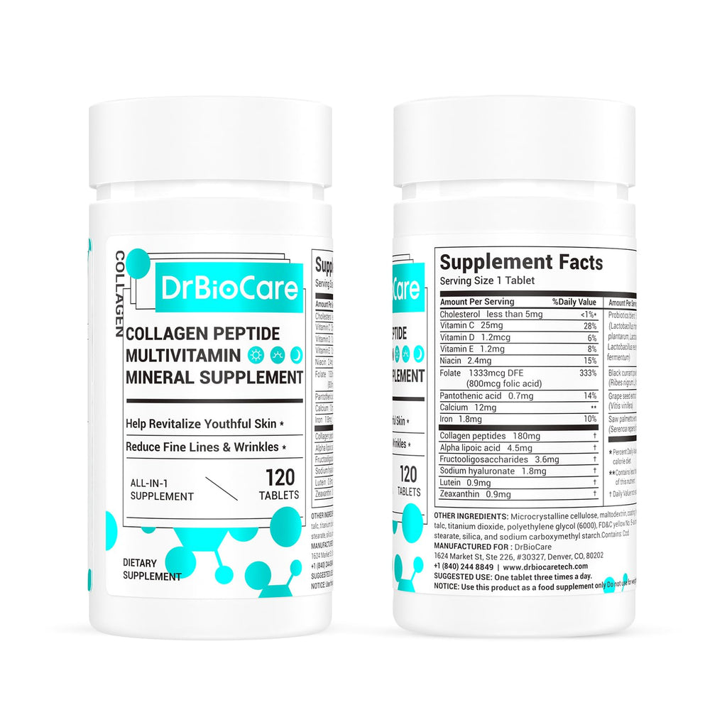DrBioCare Collagen Peptides for Women, Beauty Vitamin & Mineral Supplement,Contains Vitamin D3, Probiotics for Women & Collagen Peptides,Vitamin E,Vitamin B Complex - Made in USA - 120 Tablets
