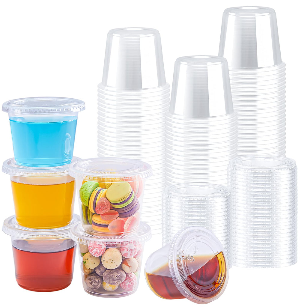 BYSNOW 360 Sets 5.5 oz Plastic Portion Cups with Lids, Small Clear Jello Shot Cup, Disposable Plastic Condiment Containers for Sauce, Salad Dressing, Snacks