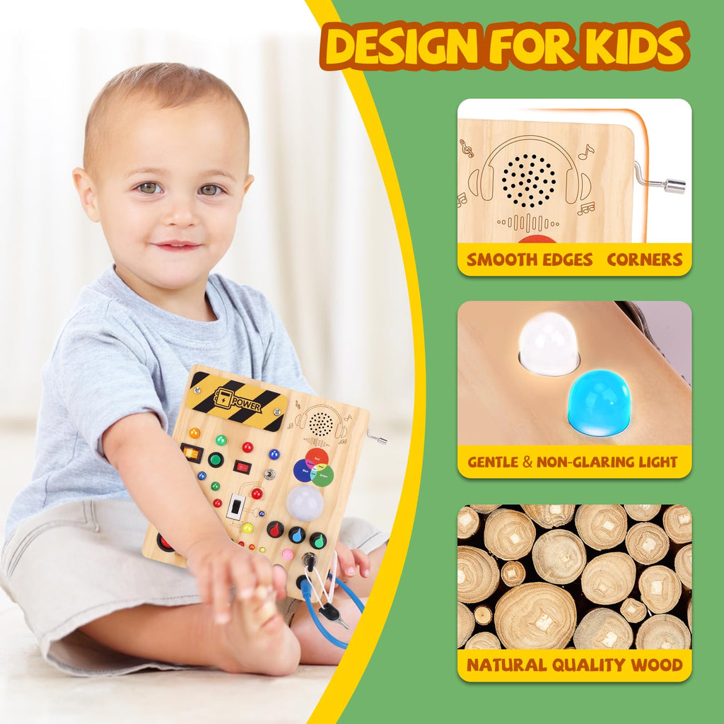 Iabedi Busy Board,Montessori Toys for 1-3 Years Old, Wooden Toddler Toys, Autism Sensory Travel Toy, Ideal Gift for 1+ Year Old Boys (Busy Board v4)