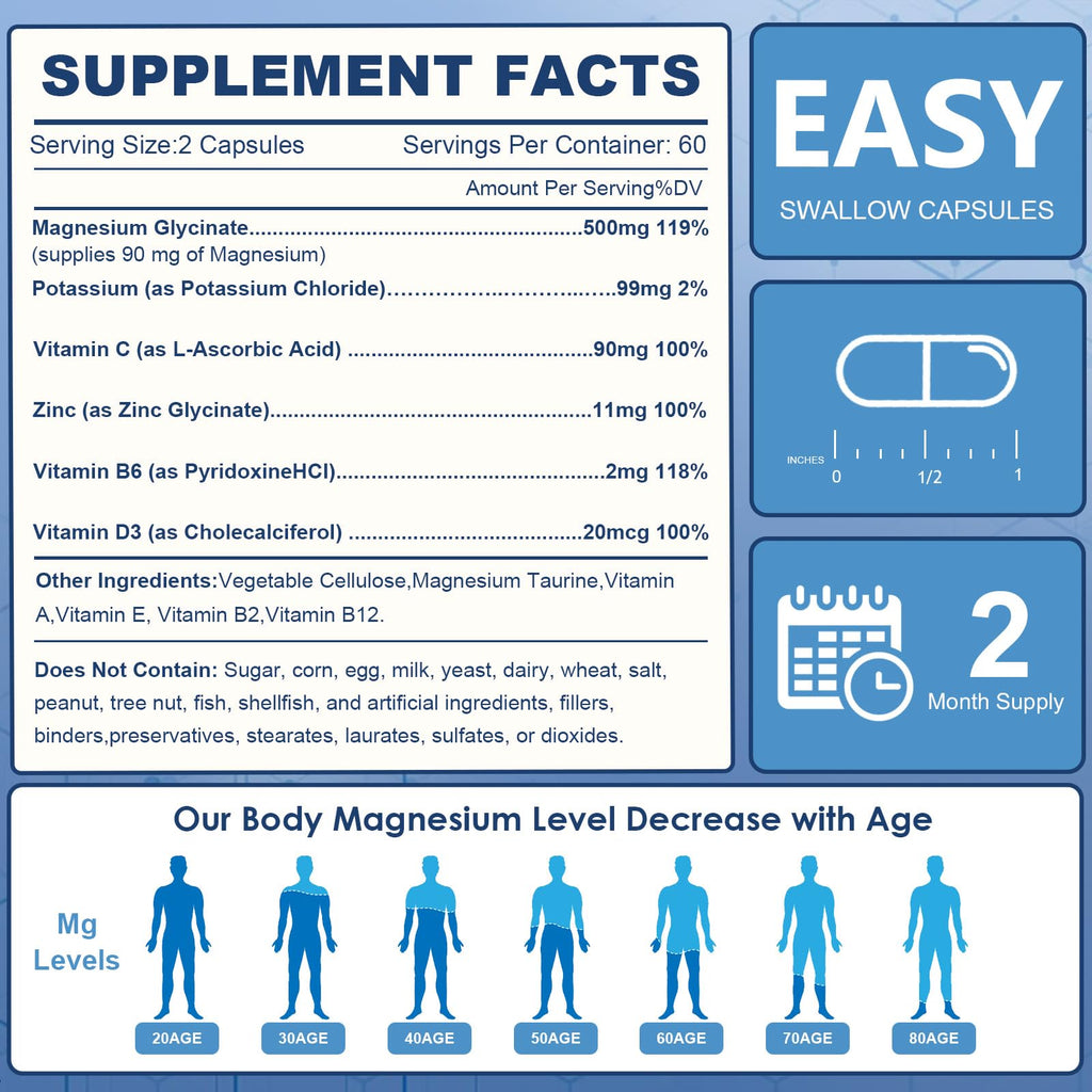 NATURE TARGET Magnesium Glycinate 500mg, Chelated Magnesium with Zinc & Vitamin D3 for Muscle, Nerve & Bone, Support Heart Health & Leg Cramp, Strength Immune System - 120 Capsules