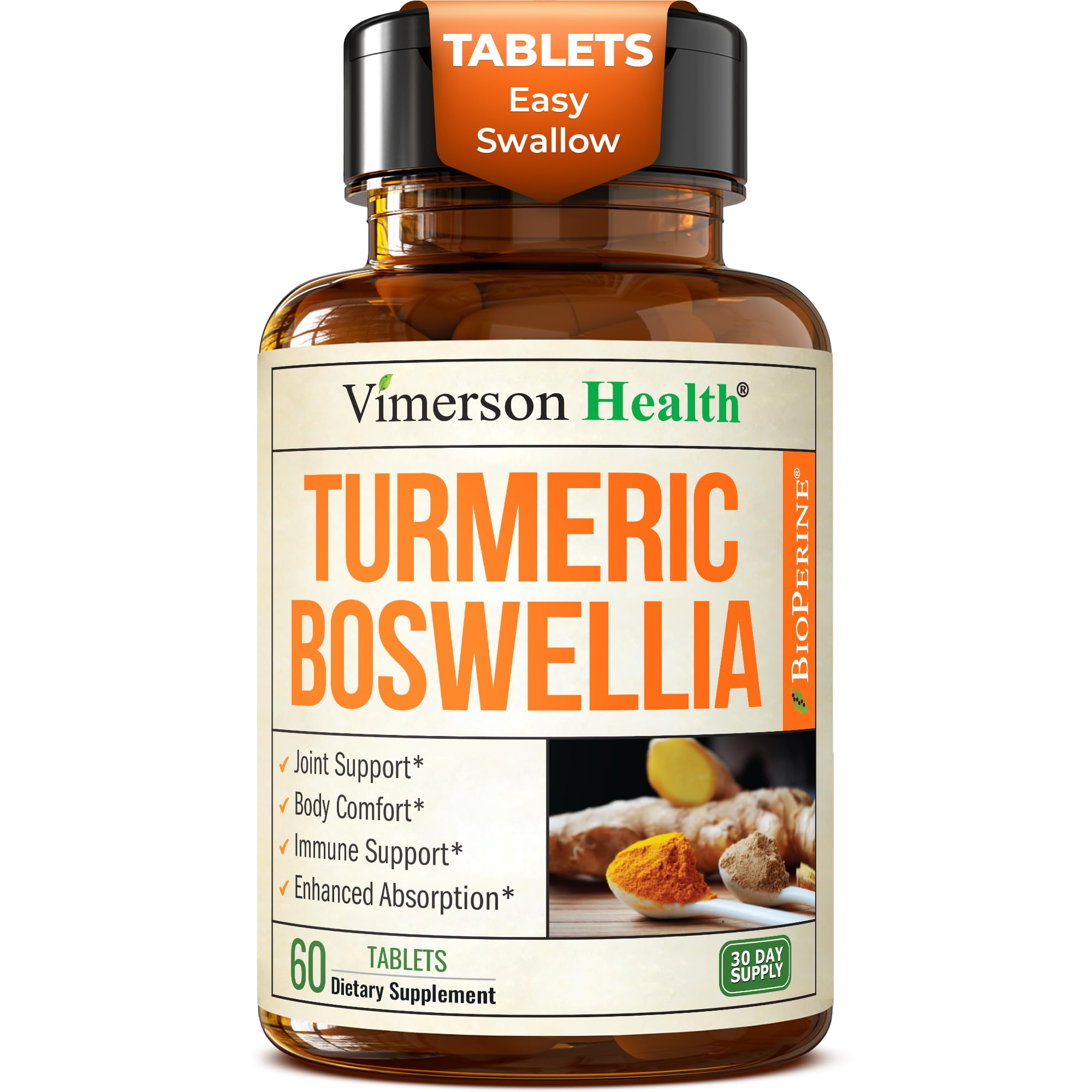 Turmeric Curcumin Supplement with Boswellia Serrata, Ginger Root, Organic Turmeric Powder & Bioperine for Max Absorption - 95% Curcuminoids Turmeric Supplement - 60 Tumeric Boswellia Extract Tablets