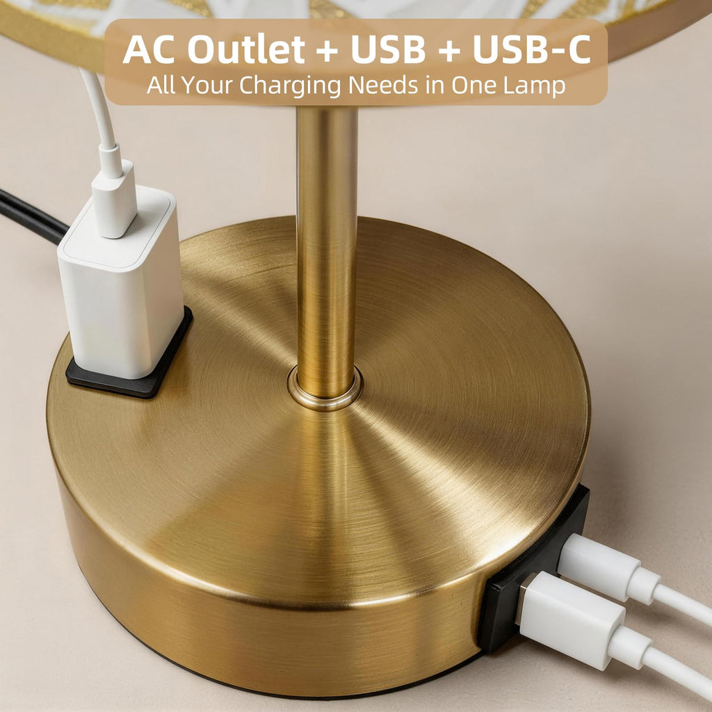 Fitfull Table Lamp for Nightstand, High-Sensitivity Touch, 3-Level Dimmable Bedside Lamp with AC Outlet | USB | and USB-C, Ideal Night Stand Lamp for Bedroom, Reading, Living Room(Triangle&Gold)