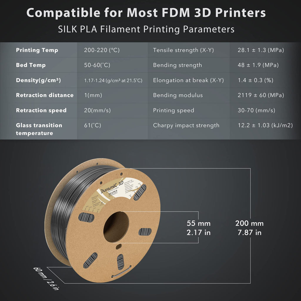 DURAMIC 3D PLA Filament 1.75mm 1kg Spool, Jam-Free High Stifness 3D Printing Filament with Cardboard Spool, No-Tangling No-Clogging Dimensional Accuracy 99% +/- 0.03 mm Silk Silver 1 Pack