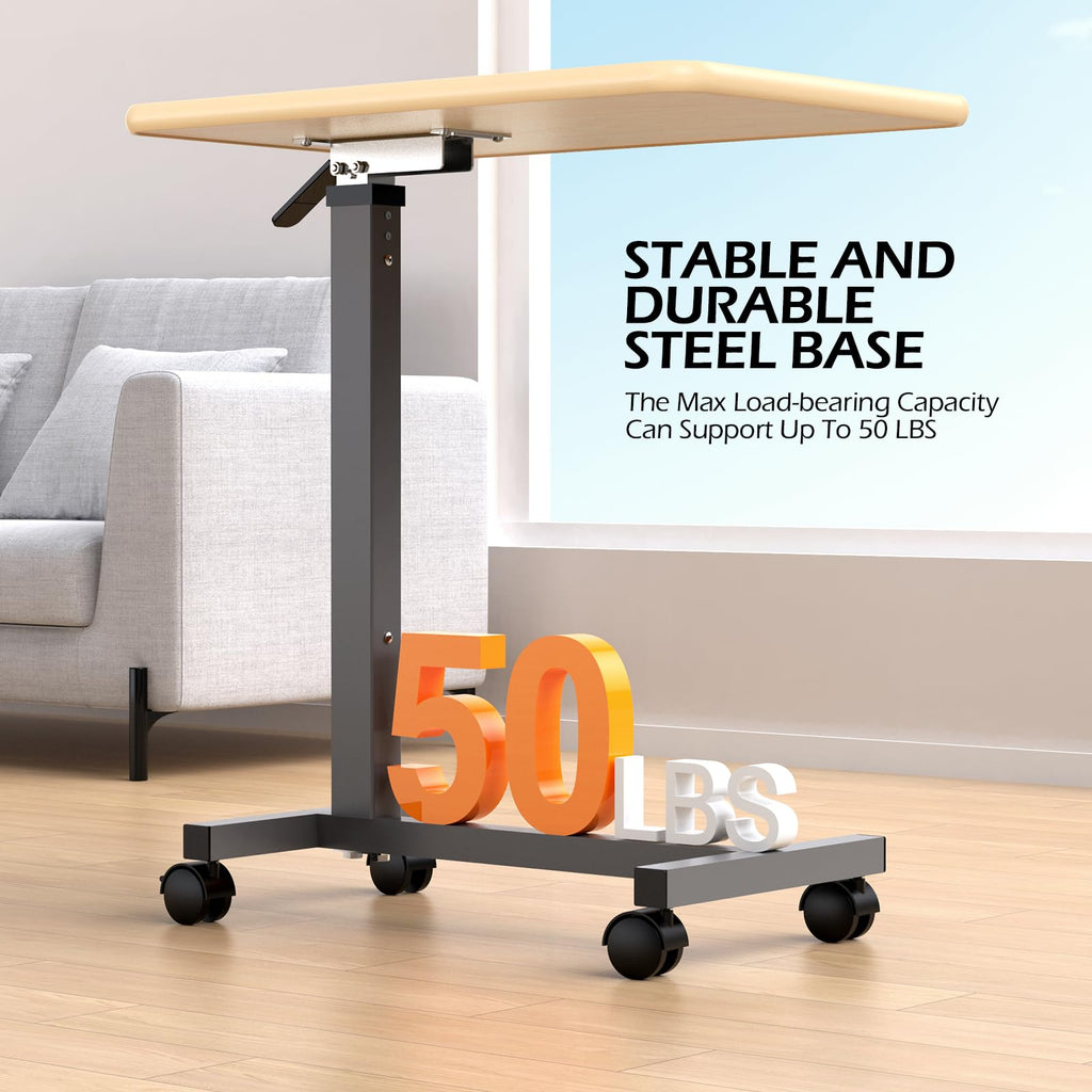 WOTURE Adjustable Overbed Table with Wheels, Bedside Rolling Table, Pneumatic Height Adjustment, Hospital Bed Table on Wheels, Standing Desk, Bedridden & Mobility Needs, Maple