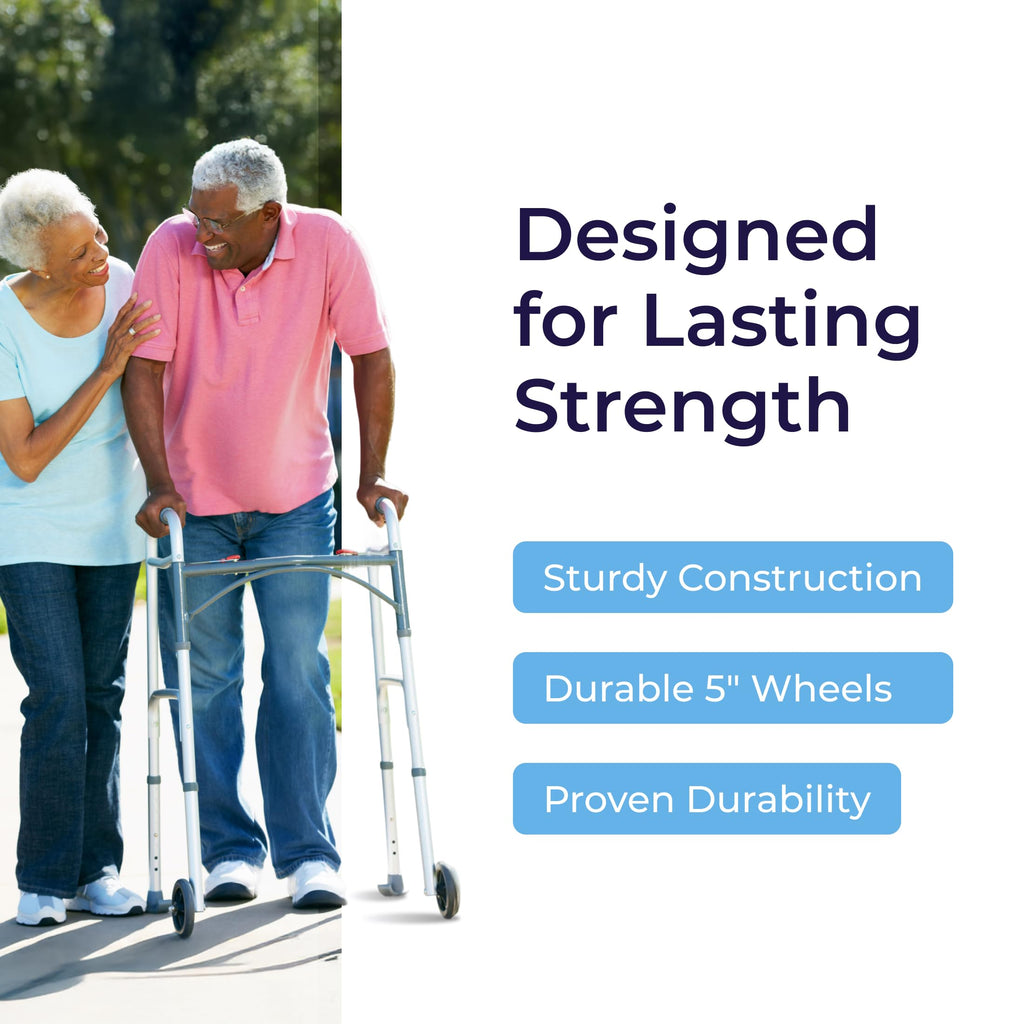 Drive Medical Two-Button Folding Walker w/ Wheels - Lightweight Rolling Mobility Support - Desk Arms - Adjustable Height - Dual Push Operation - 5 Inch Front Wheels - Durable Aluminum - Silver